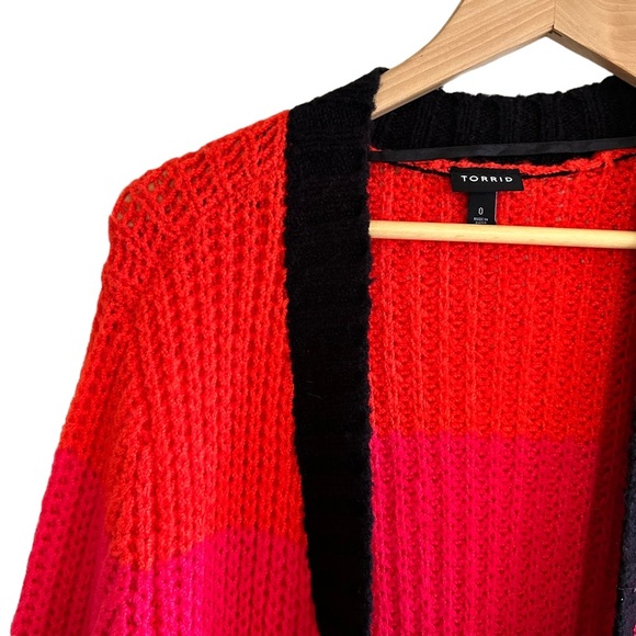 Torrid Long Stripe Color Block Black Red SZ 0 Cardigan - Picture 6 of 15